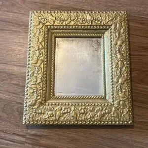 Antique ornate Gold painted wood carved mirror. 16x18 Vintorian French country