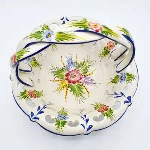 Antique Portugal Vibrant Cobalt Blue White Floral Ceramic Hand Painted Basket