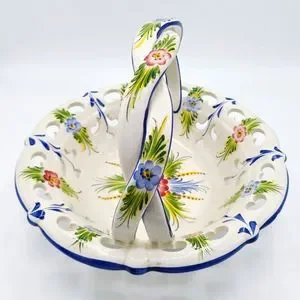 Antique Portugal Vibrant Cobalt Blue White Floral Ceramic Hand Painted Basket
