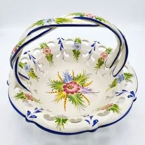 Antique Portugal Vibrant Cobalt Blue White Floral Ceramic Hand Painted Basket