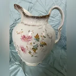 Antique Vintage Ivory & Floral Vessel Pitcher Gold Porcelain Ceramic Collectible