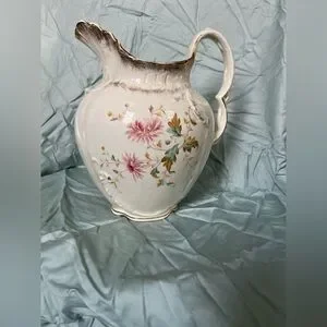 Antique Vintage Ivory & Floral Vessel Pitcher Gold Porcelain Ceramic Collectible
