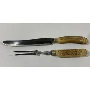 Antique Walker & Hall Sheffield Silver Carving Set carved Antler England 13”
