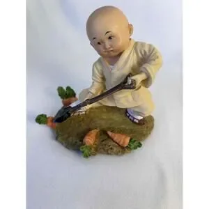 Asian Karate Broom Monk Garden Vegetables Figurine Resin