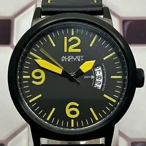 August Steiner Bold Black & Yellow Watch Leather Strap Contrast Stitching