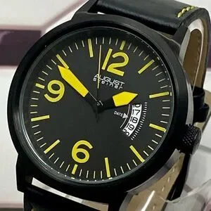 August Steiner Bold Black & Yellow Watch Leather Strap Contrast Stitching
