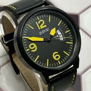 August Steiner Bold Black & Yellow Watch Leather Strap Contrast Stitching