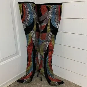 AZALEA WANG Glamoraour EMBELLISHED STILETTO BOOT Thigh High 4in Heel Woman’s 7