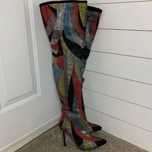 AZALEA WANG Glamoraour EMBELLISHED STILETTO BOOT thigh high 4in heel woman’s 7