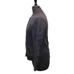 B0 NEW EILEEN FISHER Collarless Navy Blue Cotton Button Up Light Boxy Jacket XS
