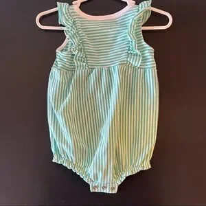 Baby Cat & Jack 6-9 Mo NWOT Teal & White Stripes onesie Bubble W Ruffle sleeves