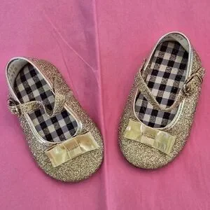 Baby Girl Gold Glitter Holiday Party Shoes Mary Janes Made In USA 2 NWOB