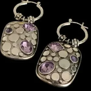 Balinese Style Faux Amethyst Purple Crystal & Silver Tone Metal Unisex Earrings