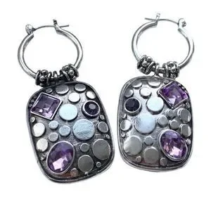 Balinese Style Faux Amethyst Purple Crystal & Silver Tone Metal Unisex Earrings