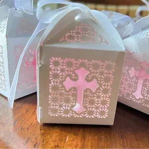 Baptism Favor Boxes Set W/ Rosary Inside Baby Shower Christening Small Gift Bags