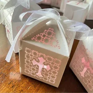 Baptism Favor Boxes Set W/ Rosary Inside Baby Shower Christening Small Gift Bags