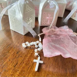 Baptism Favor Boxes Set W/ Rosary Inside Baby Shower Christening Small Gift Bags