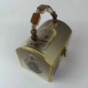 Beaded Handle Wooden Jewelry Trinket Box Asian Snuff Bottle Print Hinged Latch