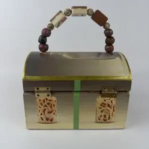 Beaded Handle Wooden Jewelry Trinket Box Asian Snuff Bottle Print Hinged Latch