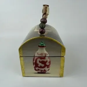 Beaded Handle Wooden Jewelry Trinket Box Asian Snuff Bottle Print Hinged Latch