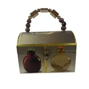 Beaded Handle Wooden Jewelry Trinket Box Asian Snuff Bottle Print Hinged Latch