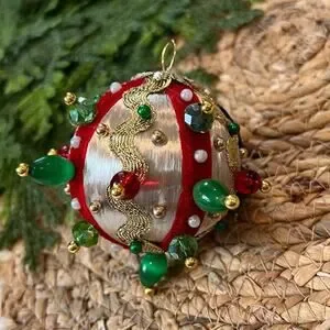 Beaded Push Pin Satin Thread Ball Christmas Ornament Mid Century Vintage Style