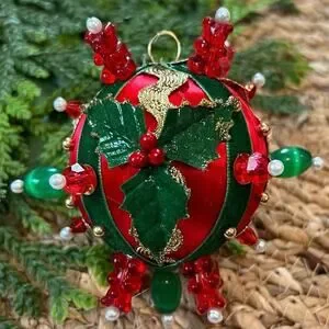Beaded Push Pin Satin Thread Ball Christmas Ornament Mid Century Vintage Style