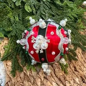 Beaded Push Pin Satin Thread Ball Christmas Ornament Mid Century Vintage Style