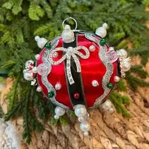 Beaded Push Pin Satin Thread Ball Christmas Ornament Mid Century Vintage Style