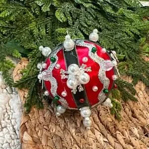 Beaded Push Pin Satin Thread Ball Christmas Ornament Mid Century Vintage Style