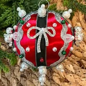 Beaded Push Pin Satin Thread Ball Christmas Ornament Mid Century Vintage Style