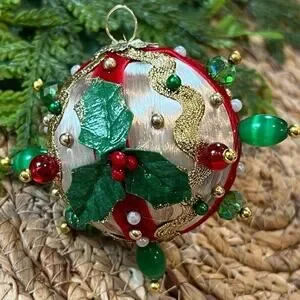 Beaded Push Pin Satin Thread Ball Christmas Ornament Mid Century Vintage Style