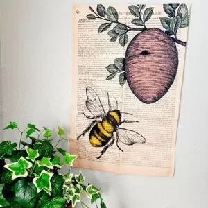 Bee Beehive Vintage Book Page Wall Tapestry Tree Bohemian Rustic Drawing Green