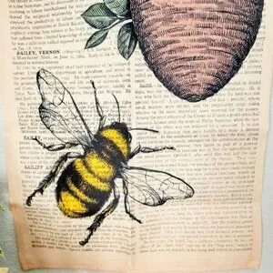 Bee Beehive Vintage Book Page Wall Tapestry Tree Bohemian Rustic Drawing Green