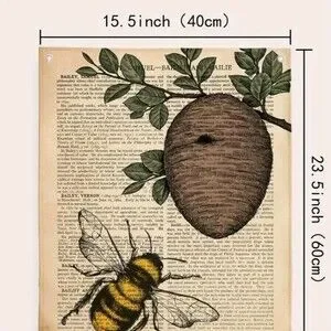 Bee Beehive Vintage Book Page Wall Tapestry Tree Bohemian Rustic Drawing Green