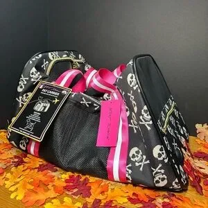 Betsey Johnson Pet Carrier In Black And Pink With Skull And Crossbones