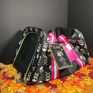 Betsey Johnson Pet Carrier In Black And Pink With Skull And Crossbones