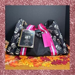Betsey Johnson Pet Carrier in Black and Pink with skull and crossbones