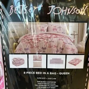 Betsey Johnson Pink Bows & Ribbons 8 Piece Comforter Set Sheets Throw Queen NEW