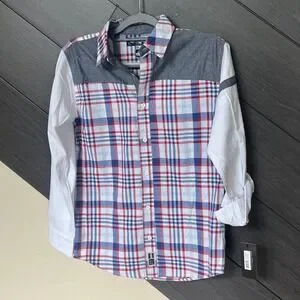 Beverly Hills Polo Club Plaid Button Down W/ White Sleeves Western