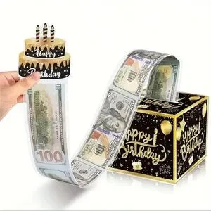 Birthday Card/Present Black & Metallic Toned Surprise Cash Card/Box NE…