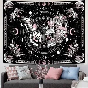 Black and Pink Skull Butterfly Tapestry