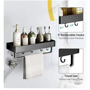 Black Wall-Mounted Bathroom Shelf With Hooks