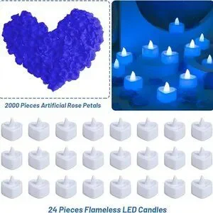 Blue Artificial Rose Petals And 24 Blue Flameless LED Candles Set