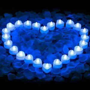 Blue Artificial Rose Petals and 24 Blue Flameless LED Candles Set
