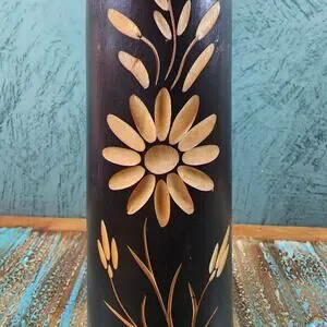 Boho Chic Hand Carved Wooden Vase With Floral Design And Jute Twine Accent