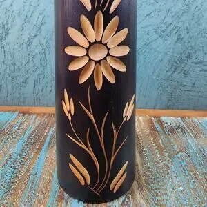 Boho Chic Hand Carved Wooden Vase With Floral Design And Jute Twine Accent