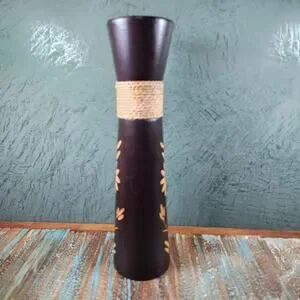 Boho Chic Hand Carved Wooden Vase With Floral Design And Jute Twine Accent