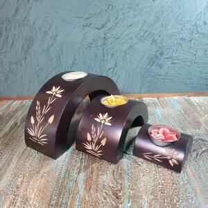 Boho Chic Wooden Floral Candle Holders Set/3 - Hand Carved Arch Tea Light Trio