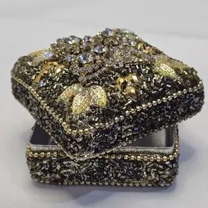 BOHO Gold & Colored Beads - Beaded Metal Trinket Box Small Vintage L
